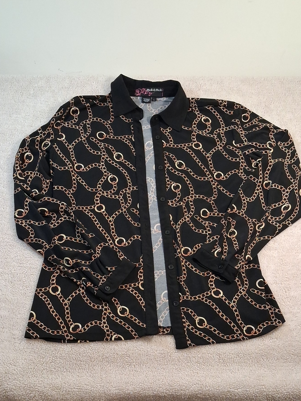 Peck & Peck Black Blouse with Gold Chain Print